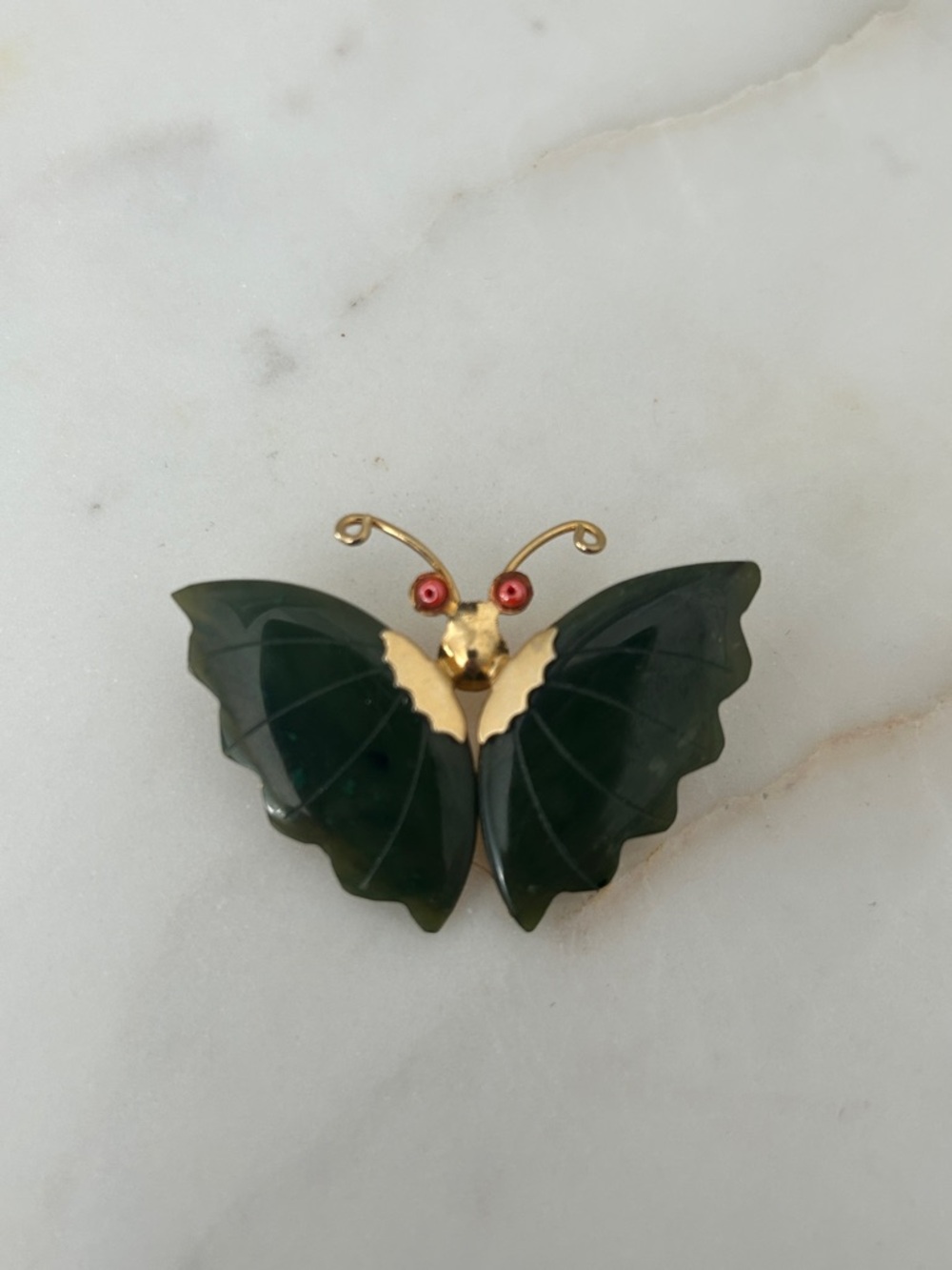 Gold and Dark Green Faux Jade Butterfly Brooch
